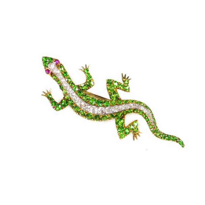 Late 19th century demantoid garnet and diamond lizard brooch